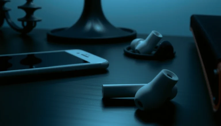 A person wearing earbuds while reading about deafness risks and safe listening practices.