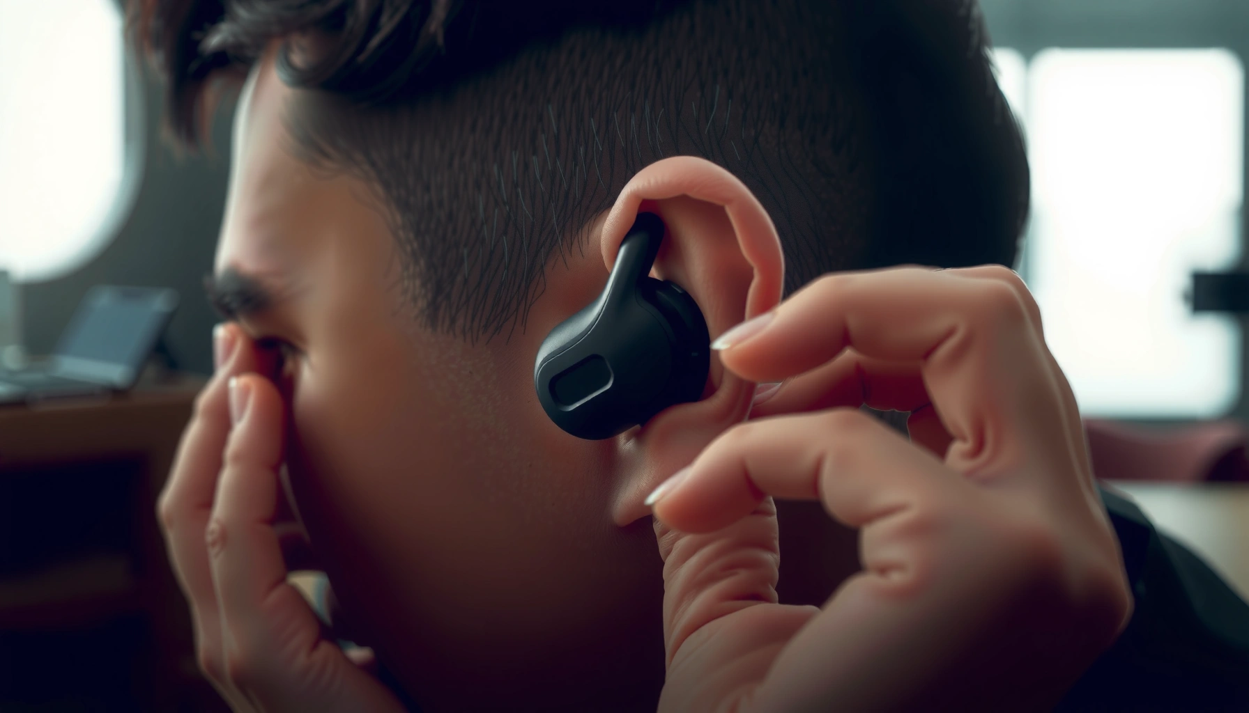 Person troubleshooting earbuds that won't stay in ears, exploring fixes for better fit and comfort.