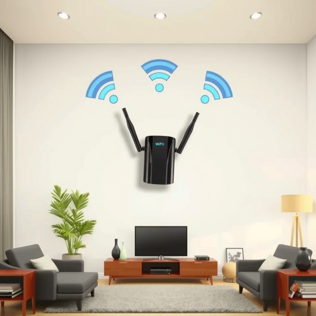 Diagram illustrating factors that influence the reach of a WiFi extender, including obstacles and signal strength.