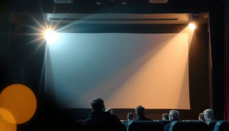 A cinema projector displaying a film on a large screen in a dark theater.