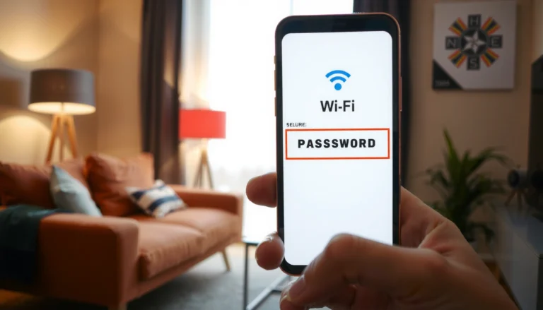 A smartphone displaying steps to find WiFi password on mobile devices.