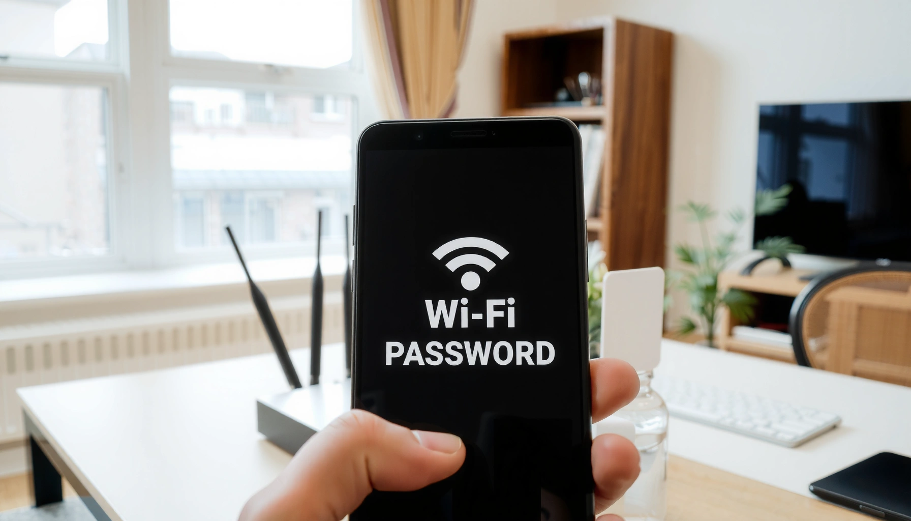 A person accessing their WiFi password on a device, illustrating quick ways to find it.