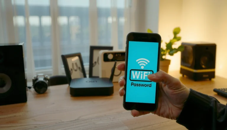 A person checking their WiFi password on a smartphone or computer for quick access.