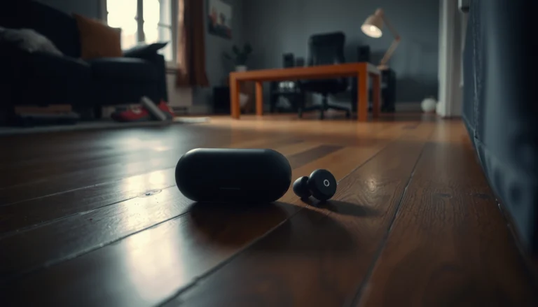 A person searching for lost earbuds on a table with various items around.