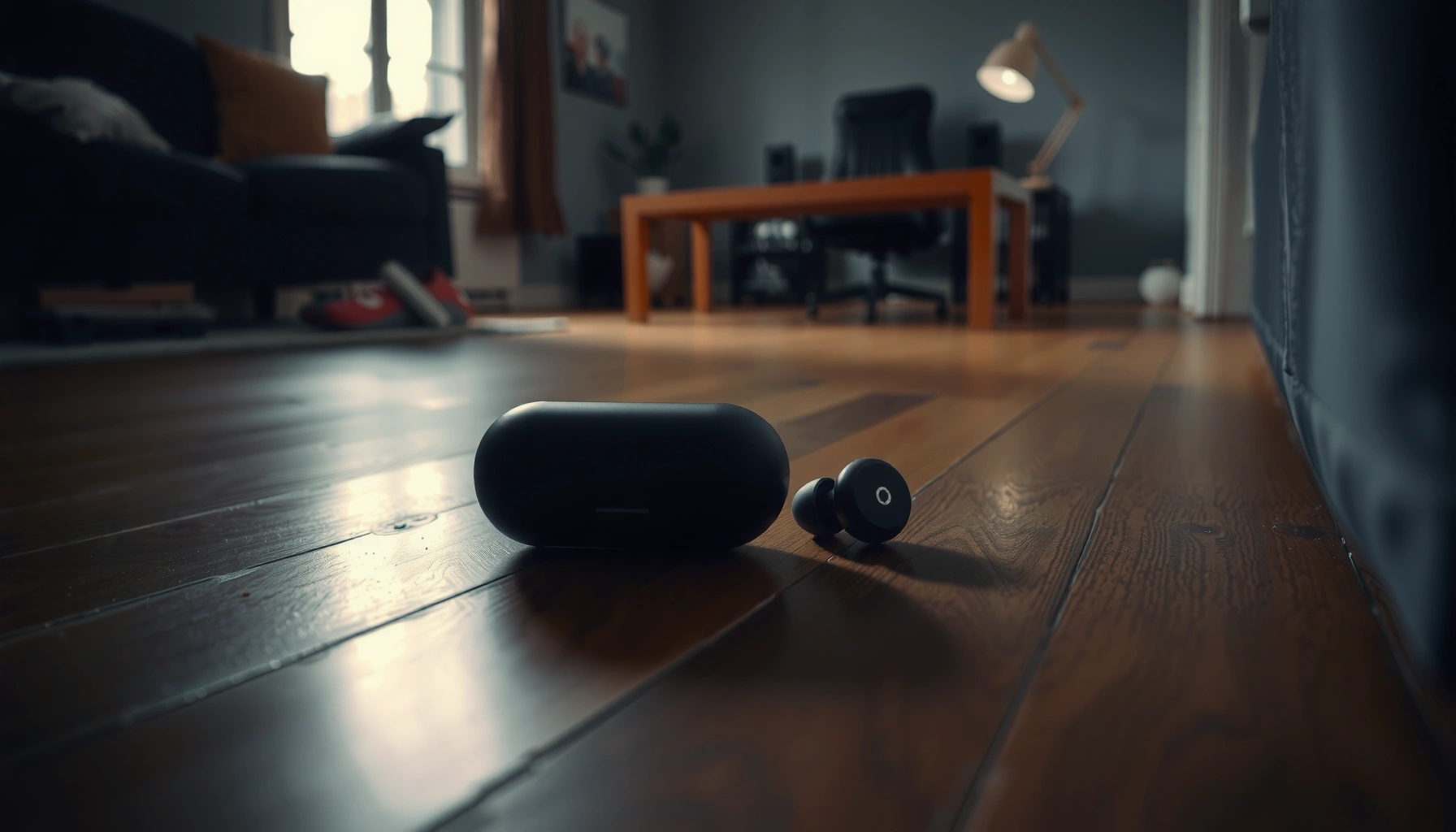 A person searching for lost earbuds on a table with various items around.