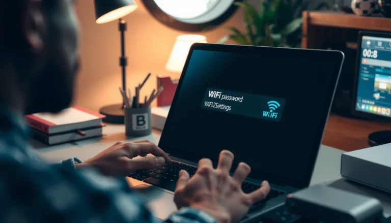 A person searching for the WiFi password on a computer screen, illustrating how to find it easily.
