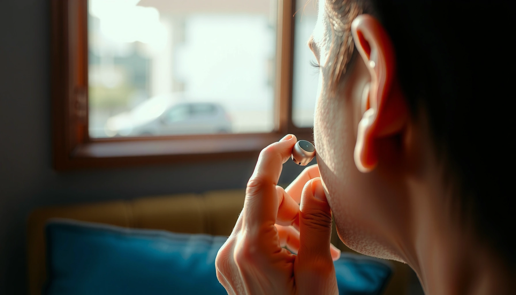 A person demonstrating how to fit earbuds for optimal comfort and sound quality.