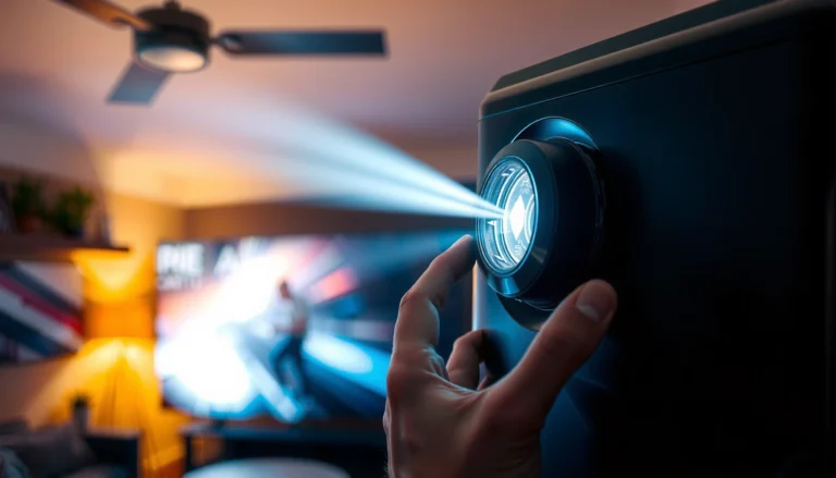 A technician adjusting a blurry projector to improve image clarity and focus.