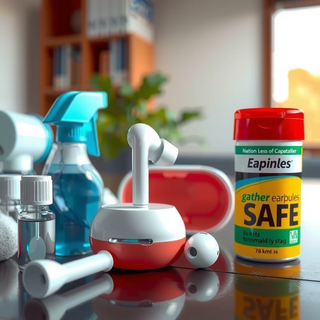 A collection of safe cleaning supplies for disinfecting earbuds, including wipes and microfiber cloths.