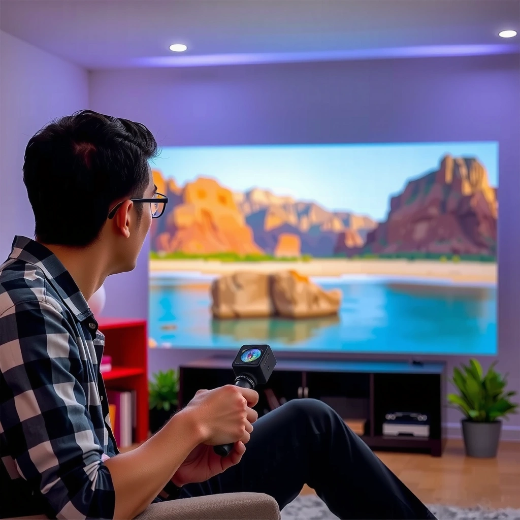 A movie projector, screen, and source equipment arranged for setup in a home theater environment.