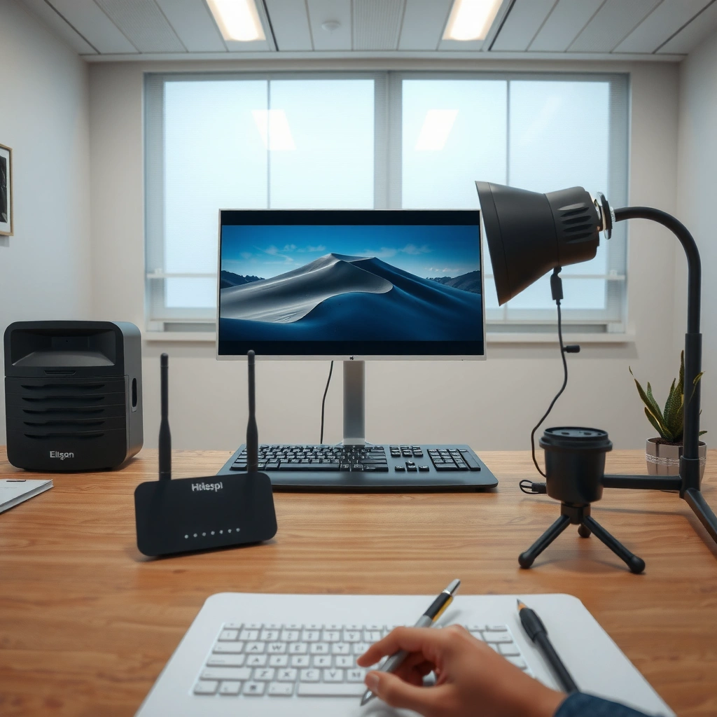 A collection of tools and devices needed for setting up wireless internet, including a router and cables.