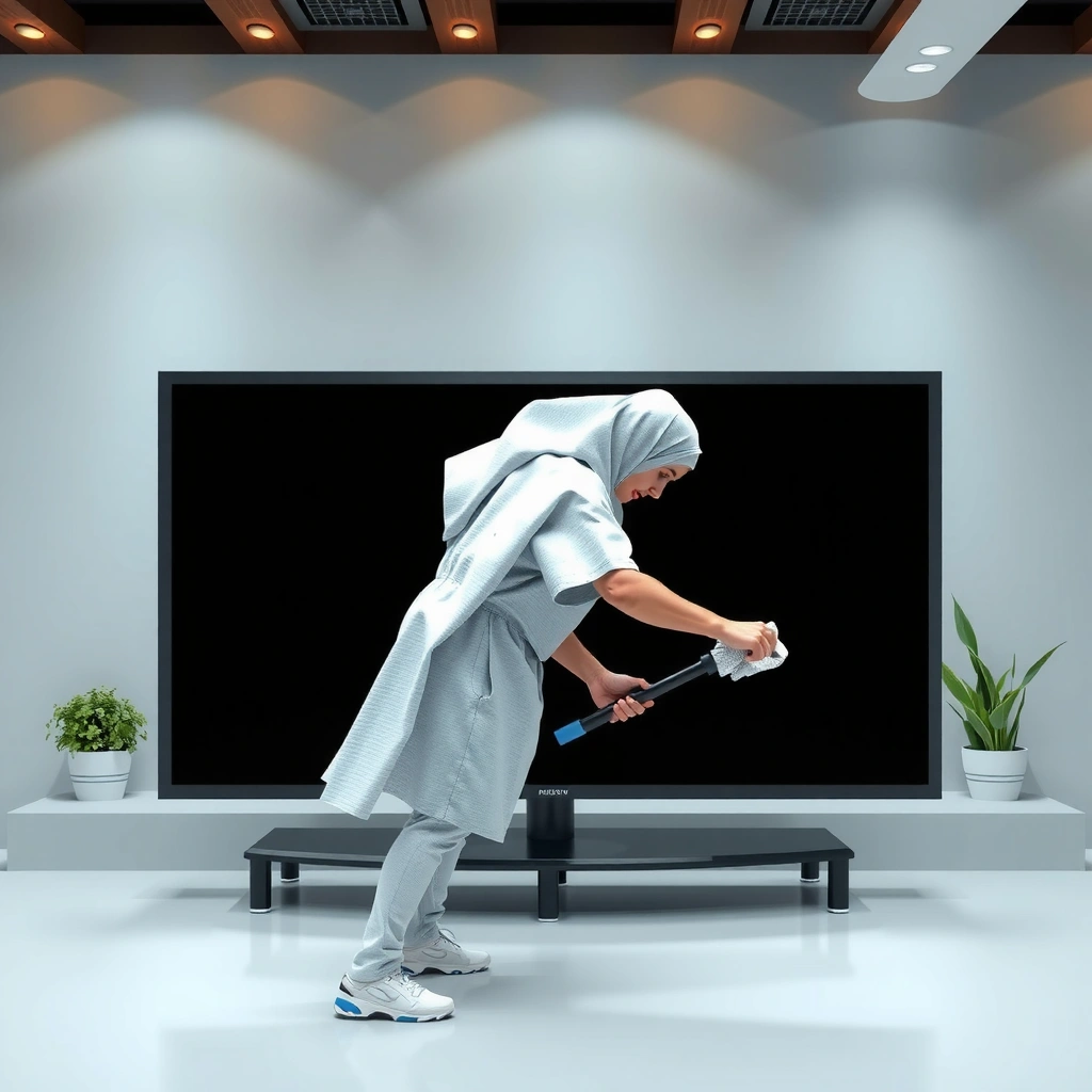 Various supplies needed for cleaning a smart TV screen, including microfiber cloths and cleaning solution.