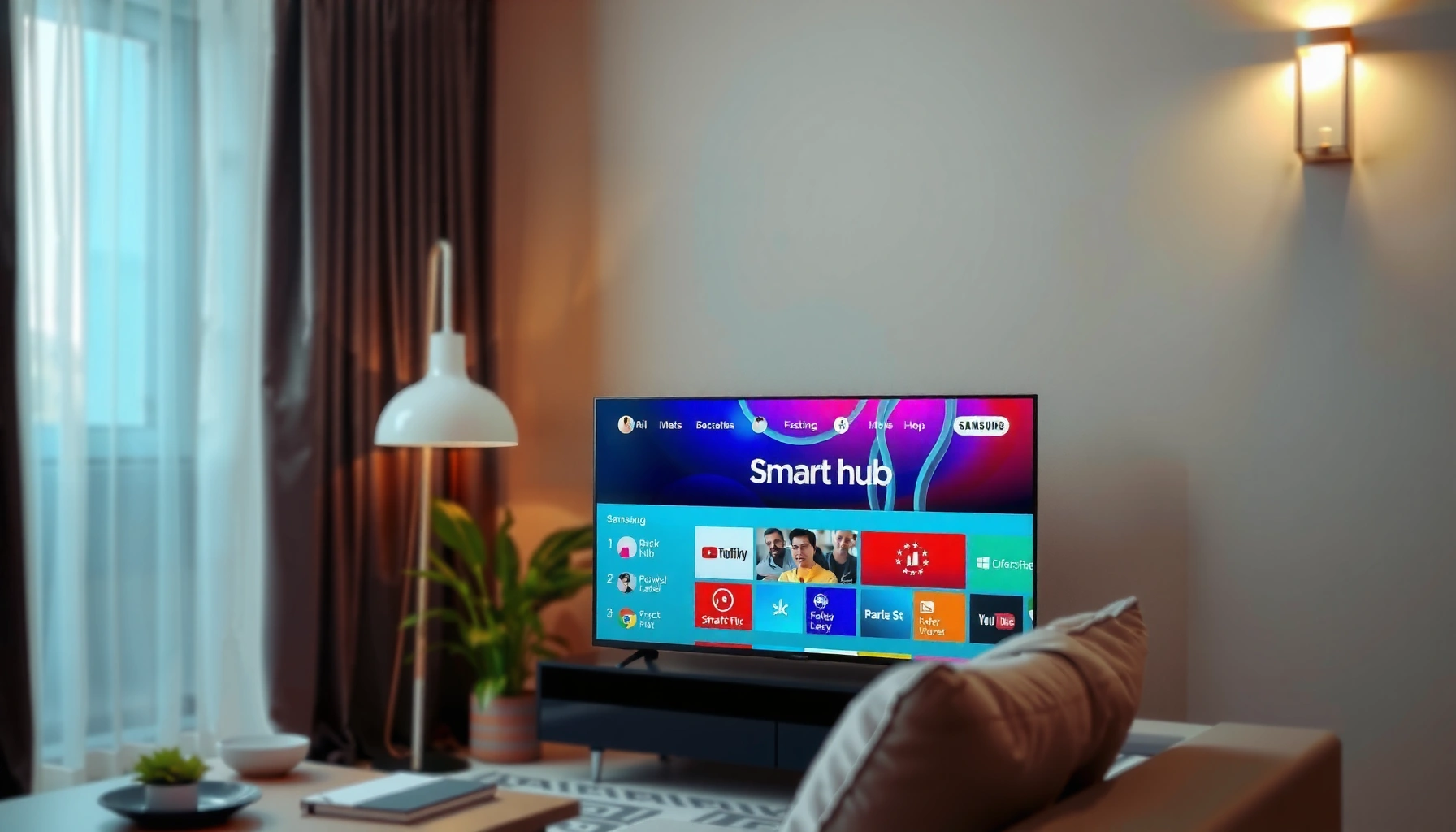 A guide on how to get apps on a Samsung Smart TV, featuring the TV interface and app selection.