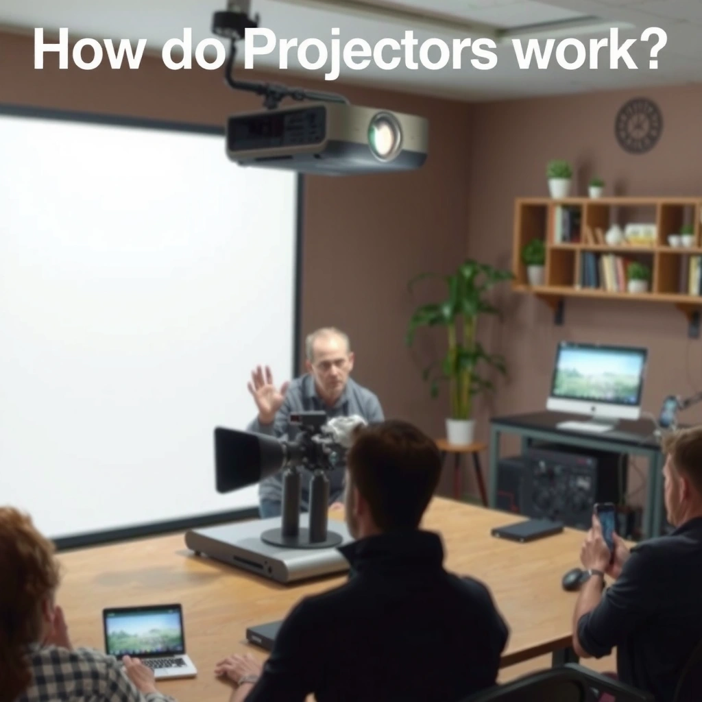 Diagram illustrating how projectors create images using light and lenses.
