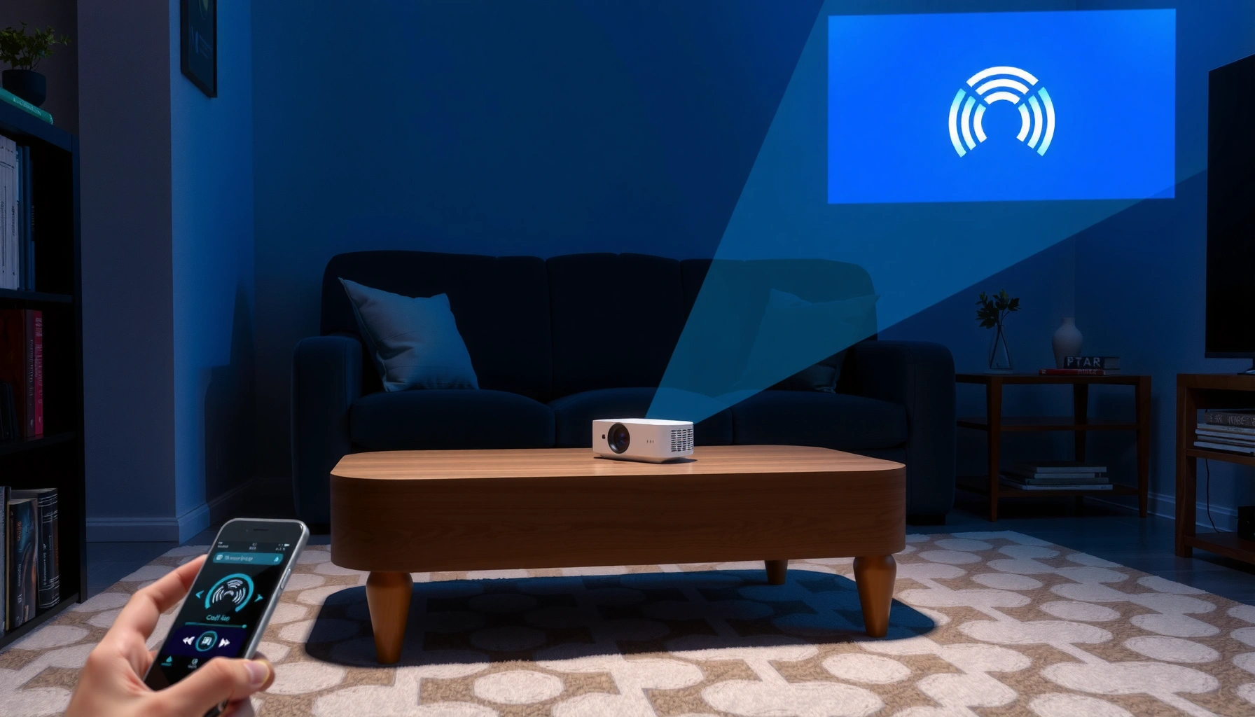 Illustration explaining how a WiFi projector works, showing key components and wireless technology.