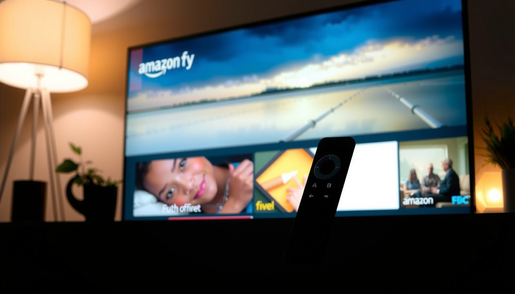 A Fire TV device displayed on a smart TV screen, illustrating its features and capabilities.