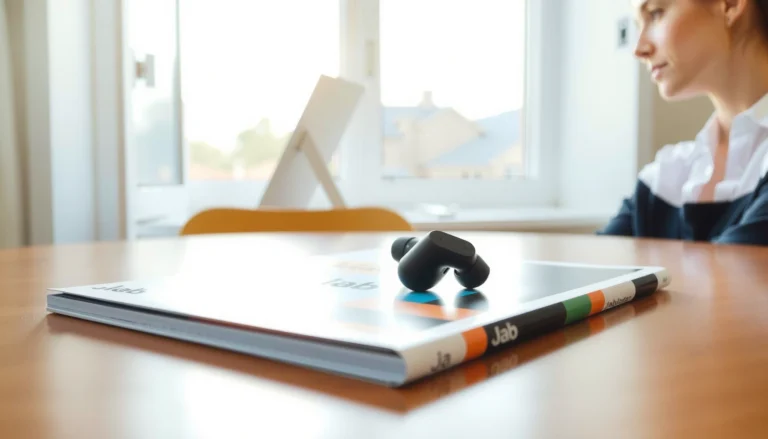 A pair of JLab earbuds showcasing their design and features for sound and comfort review.