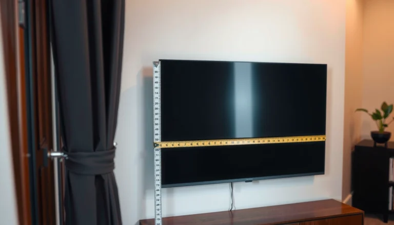 A person measuring the screen size of a smart TV with a tape measure, focusing on fit and specifications.