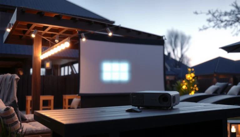 An outdoor projector displaying a bright image on a screen, illustrating brightness levels for outdoor use.