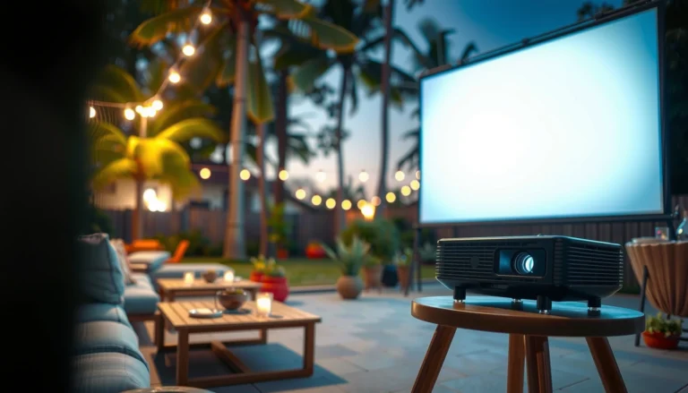A projector set up outside for outdoor movie viewing with a screen and seating area.