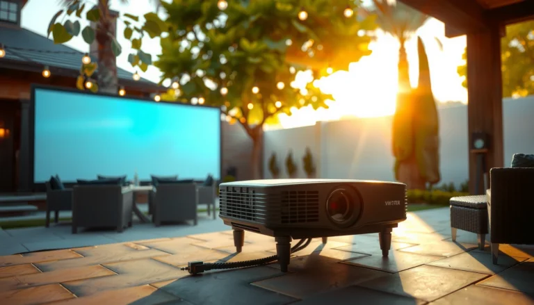 An outdoor projector set up during daylight, showcasing its visibility and performance in bright conditions.