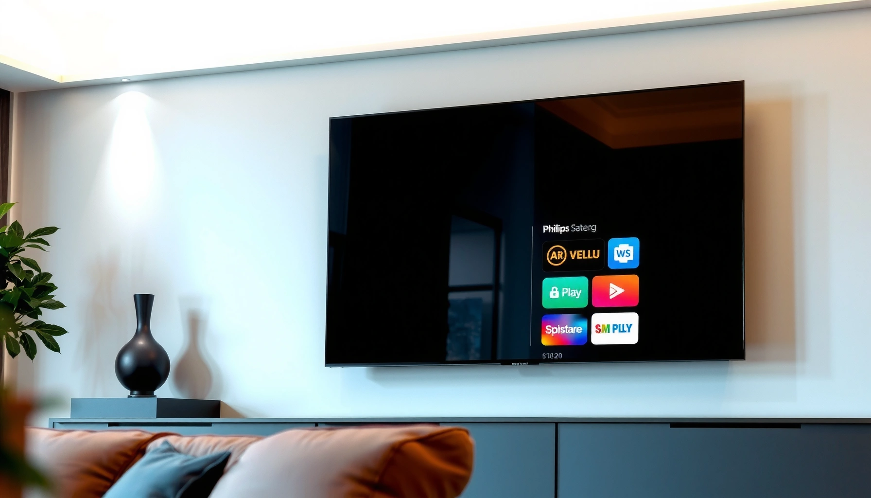Philips TV displaying features of a Smart TV, showcasing apps and connectivity options.