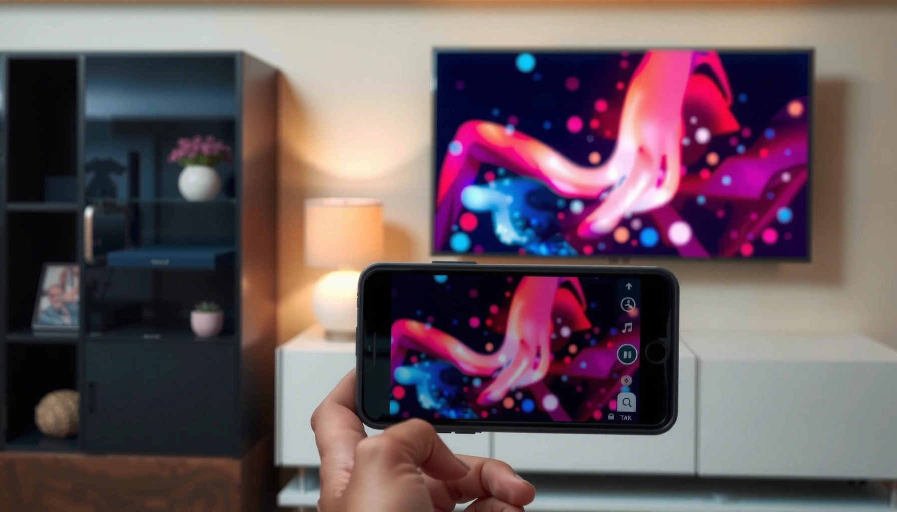A smartphone displaying a remote control interface for a Smart TV setup.
