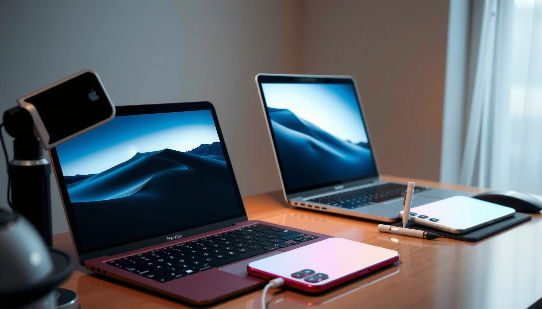 A person using an iPhone to project their screen onto a laptop display.