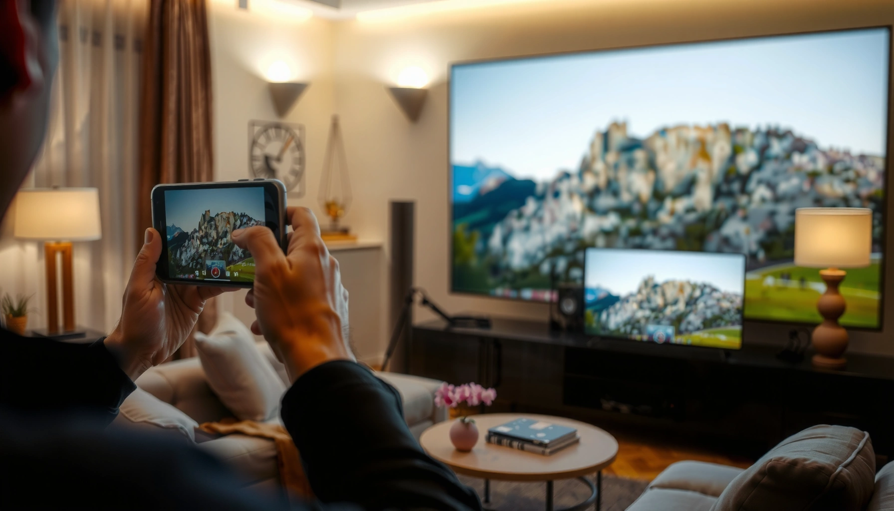 A smartphone displaying content projected onto a smart TV screen, illustrating how to connect devices.