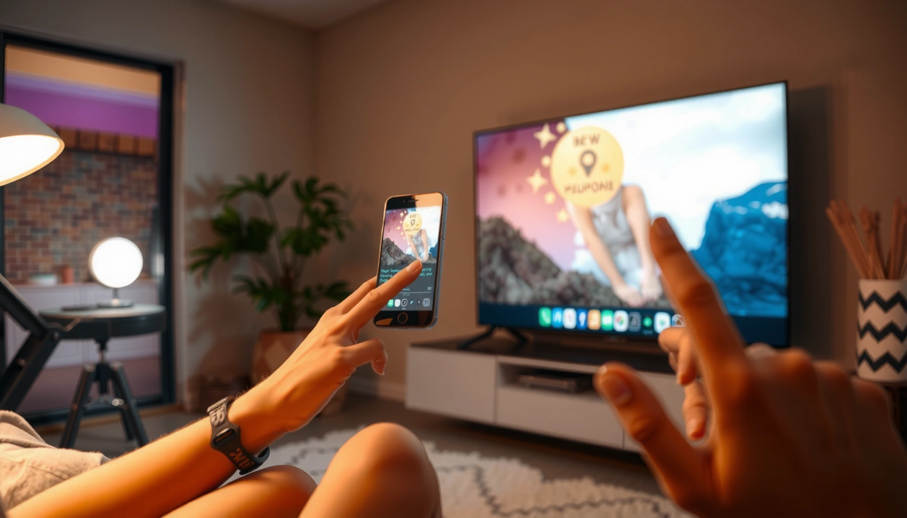 A person using an iPhone to project content onto a TV screen, demonstrating how to connect devices.