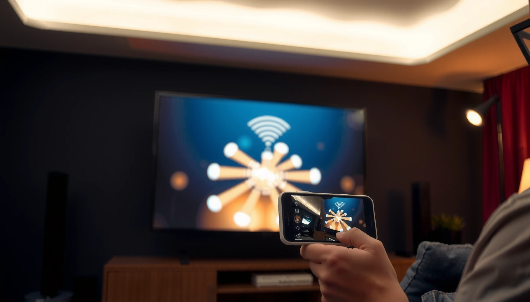 A person using an iPhone to project content onto a TV screen, demonstrating how to connect devices.
