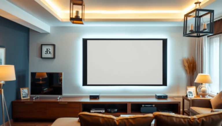Illustration showing optimal projector distance for screen size in a home theater setup.
