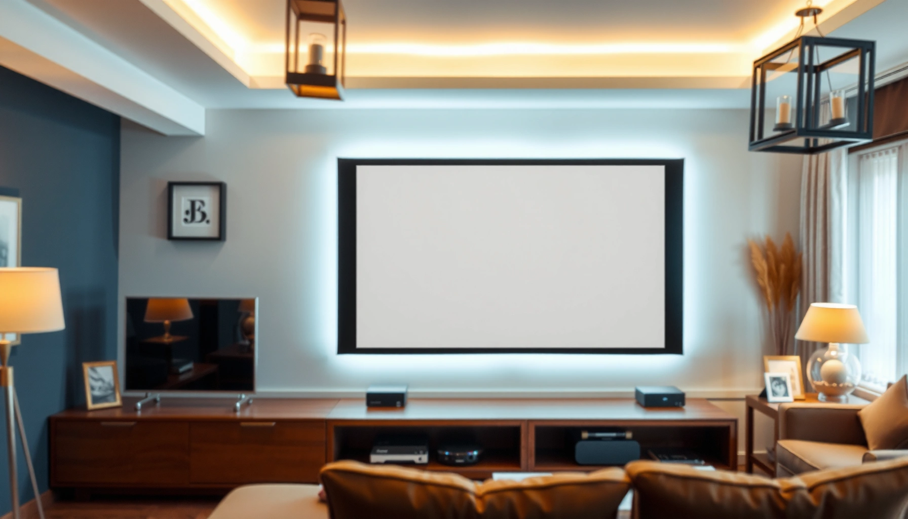 Illustration showing optimal projector distance for screen size in a home theater setup.