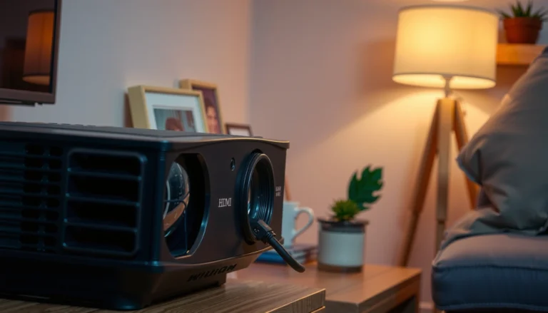 A close-up view of a projector showing its HDMI port, highlighting essential features to check.
