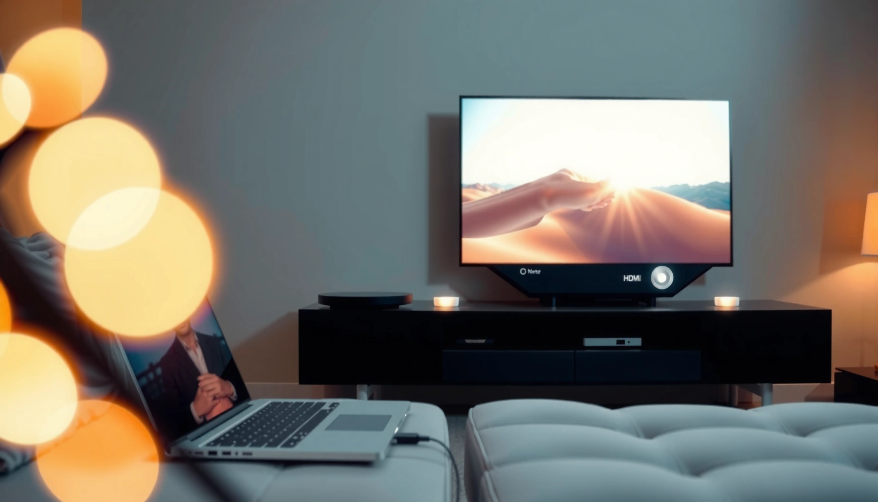 A person connecting a projector to a device to play Netflix content.