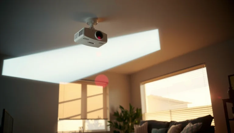A projector displaying an image in a bright room, illustrating its performance during daylight.