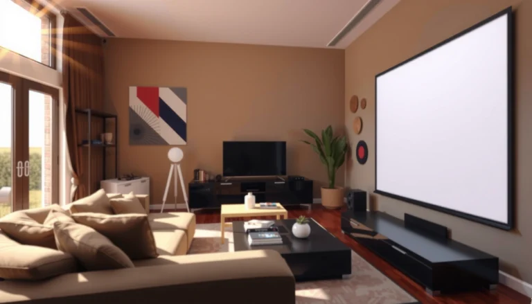 A projector screen set up in a brightly lit room demonstrating visibility in daylight.