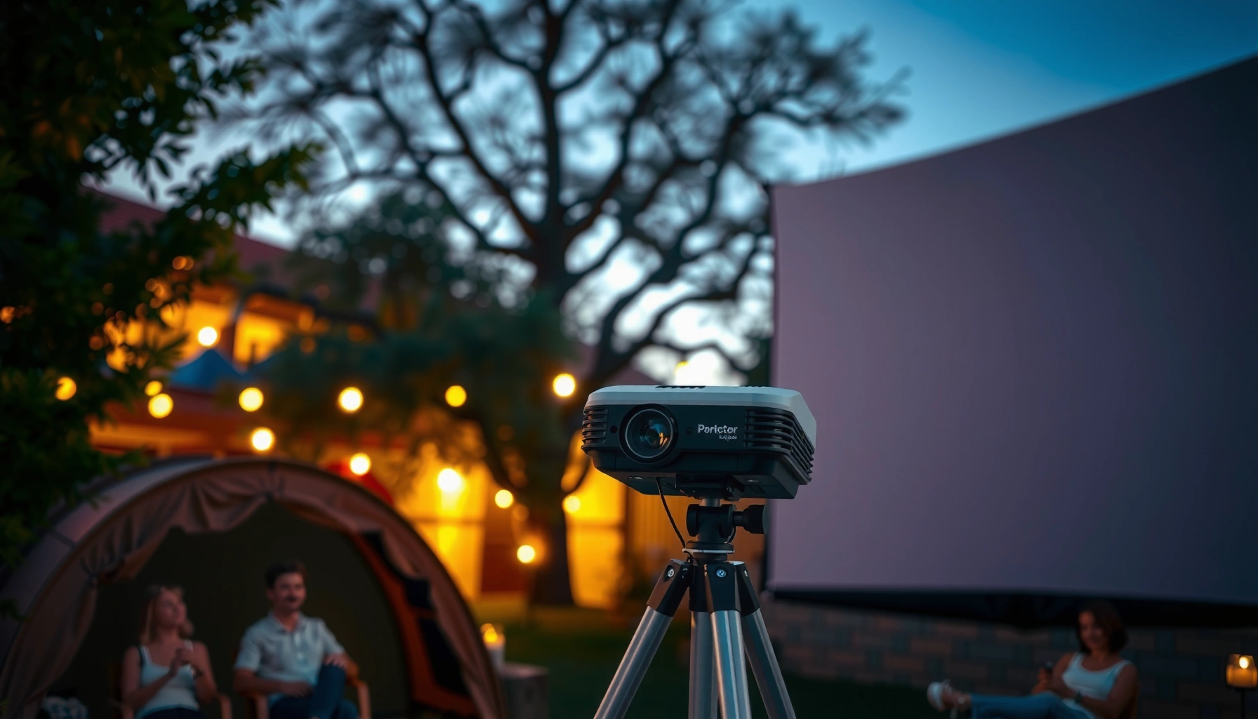 A projector set up outside for a movie night, showcasing setup tips for outdoor use.