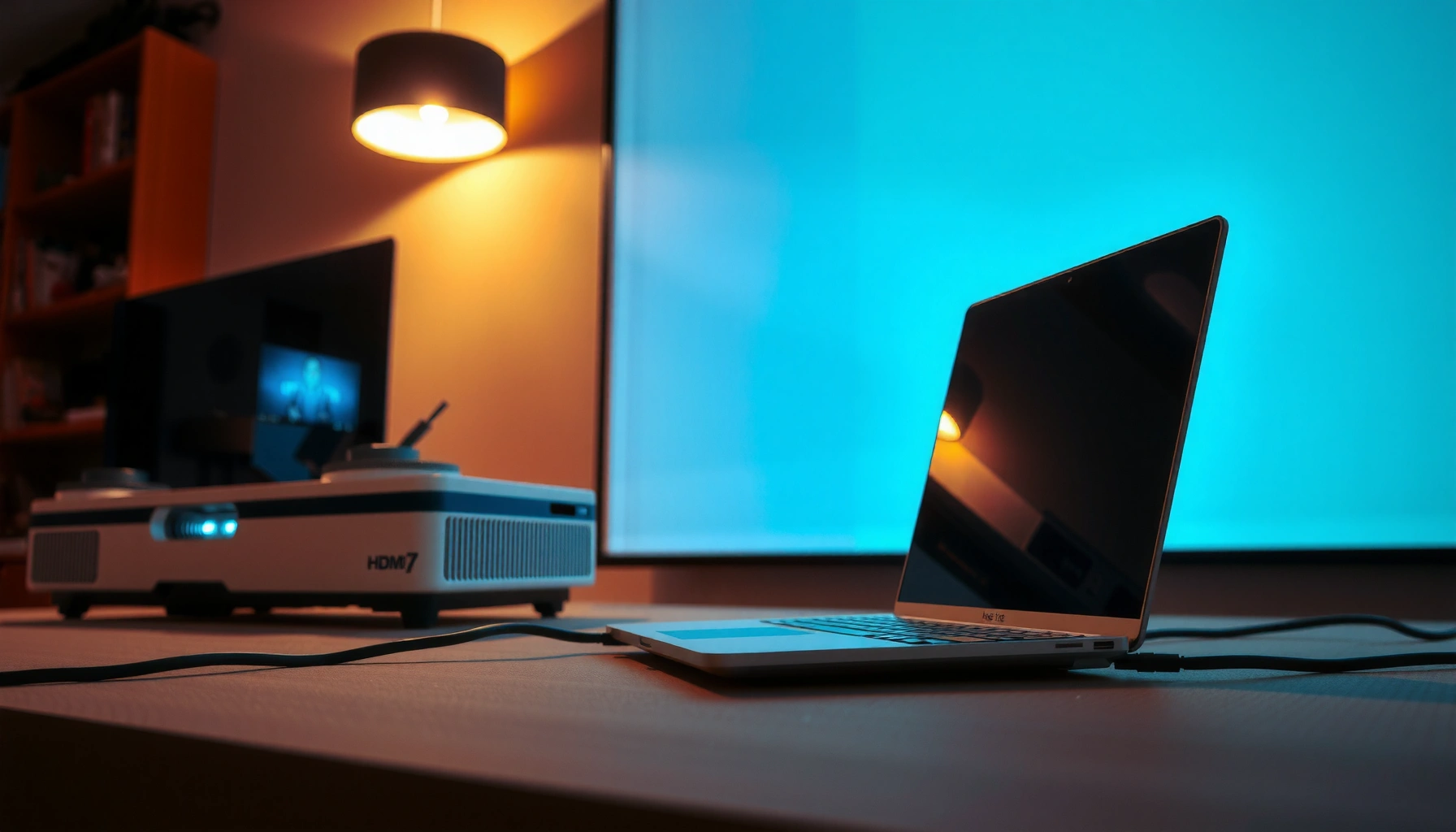 A laptop connected to a projector for easy setup demonstration in a home or office environment.