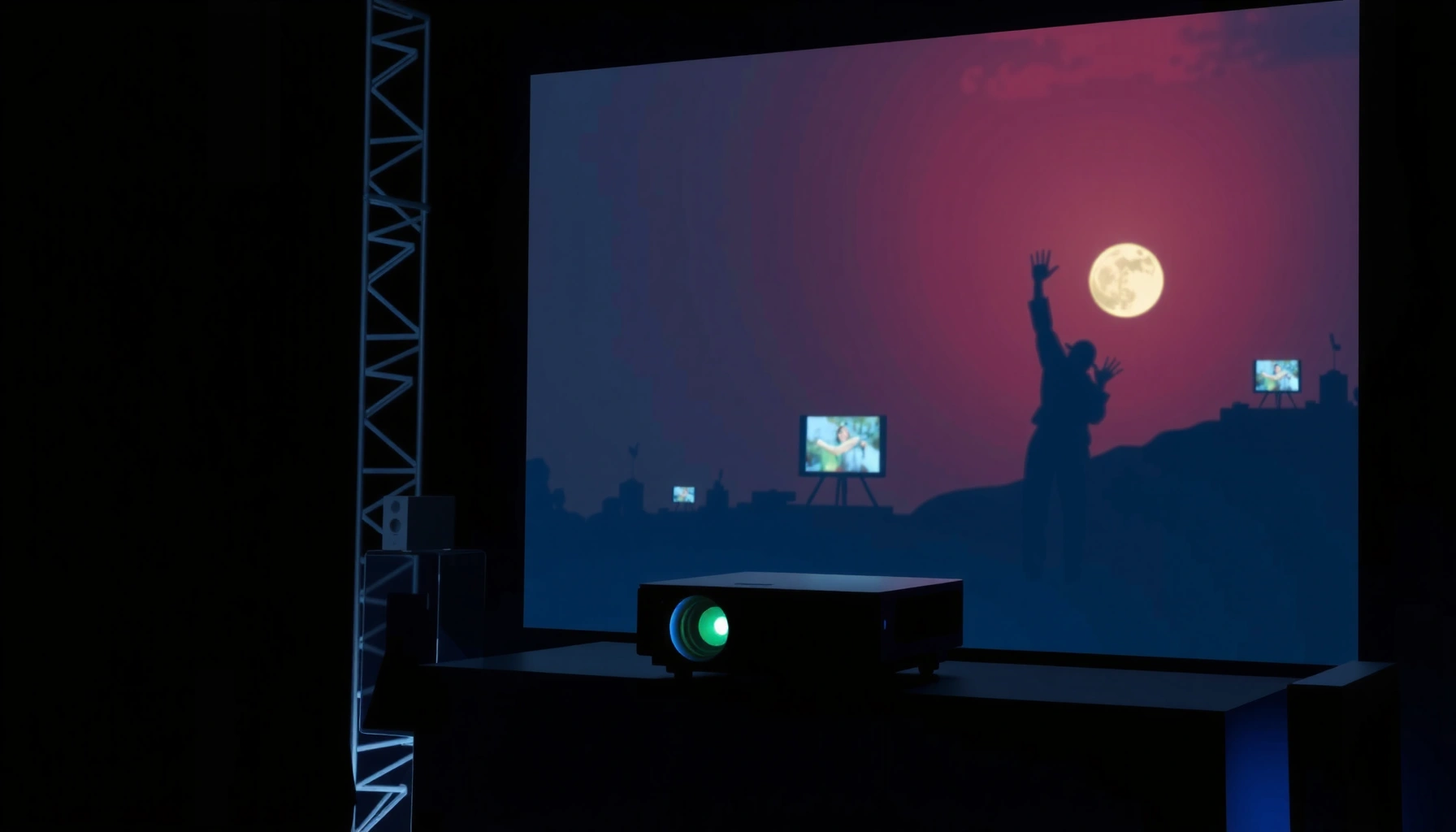 A projector setup with speakers illustrating the need for sound in presentations and movies.