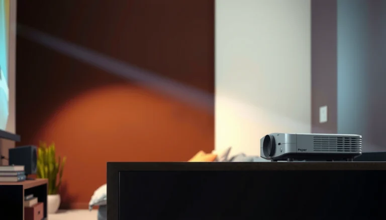A projector with audio output capabilities displayed in a home theater setup.