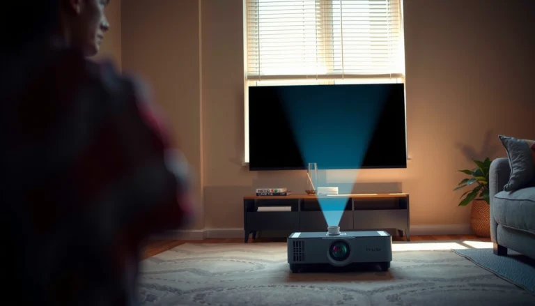 A projector set up in a bright room, demonstrating tips for daytime viewing.