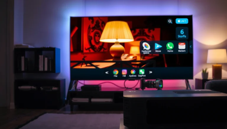 A modern projector displaying apps on screen, showcasing built-in application features.