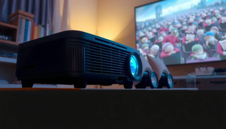 A projector displaying an image with built-in speakers highlighted, showcasing its audio features.