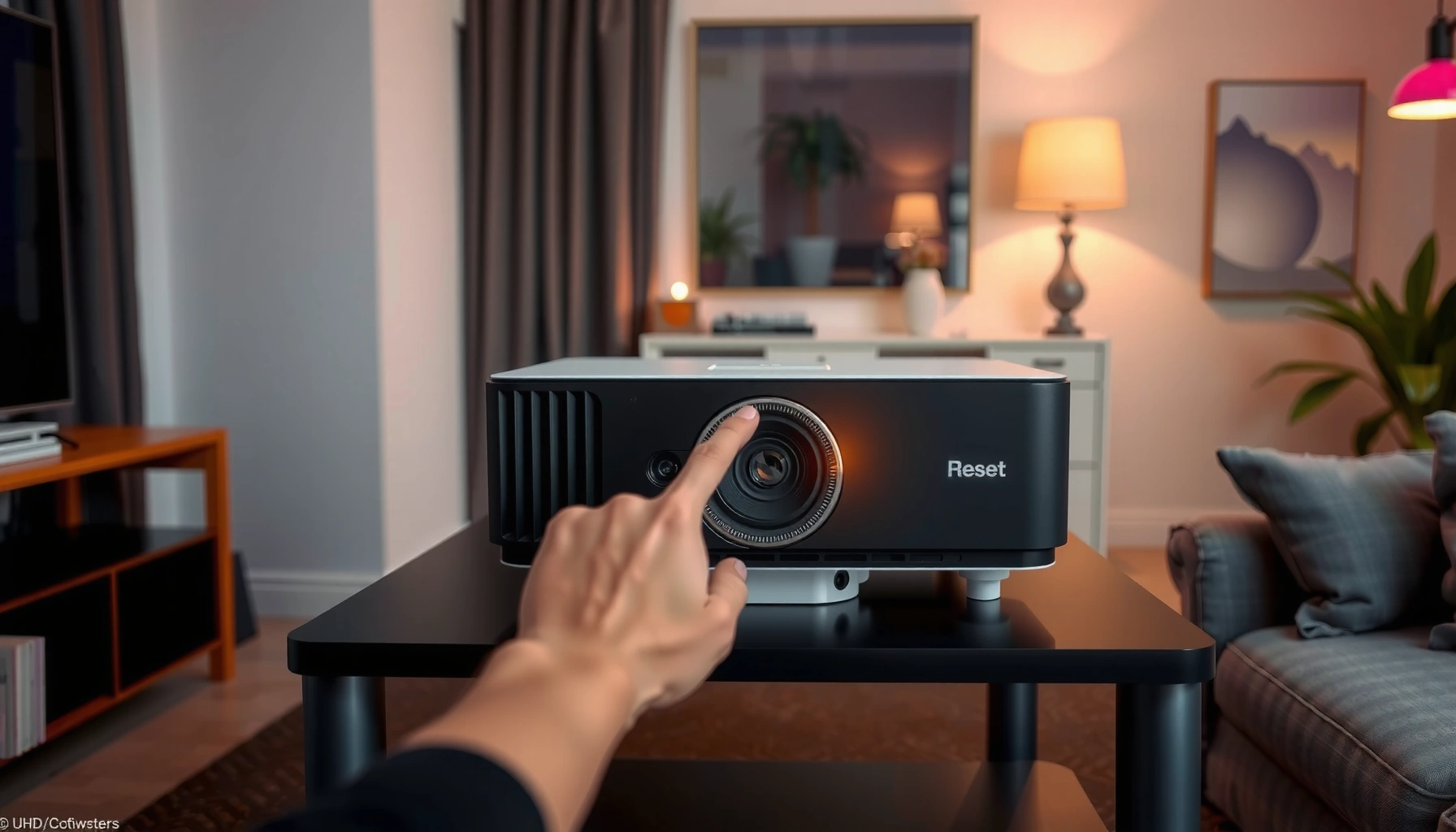 Steps to reset a projector, showcasing a user adjusting projector settings.