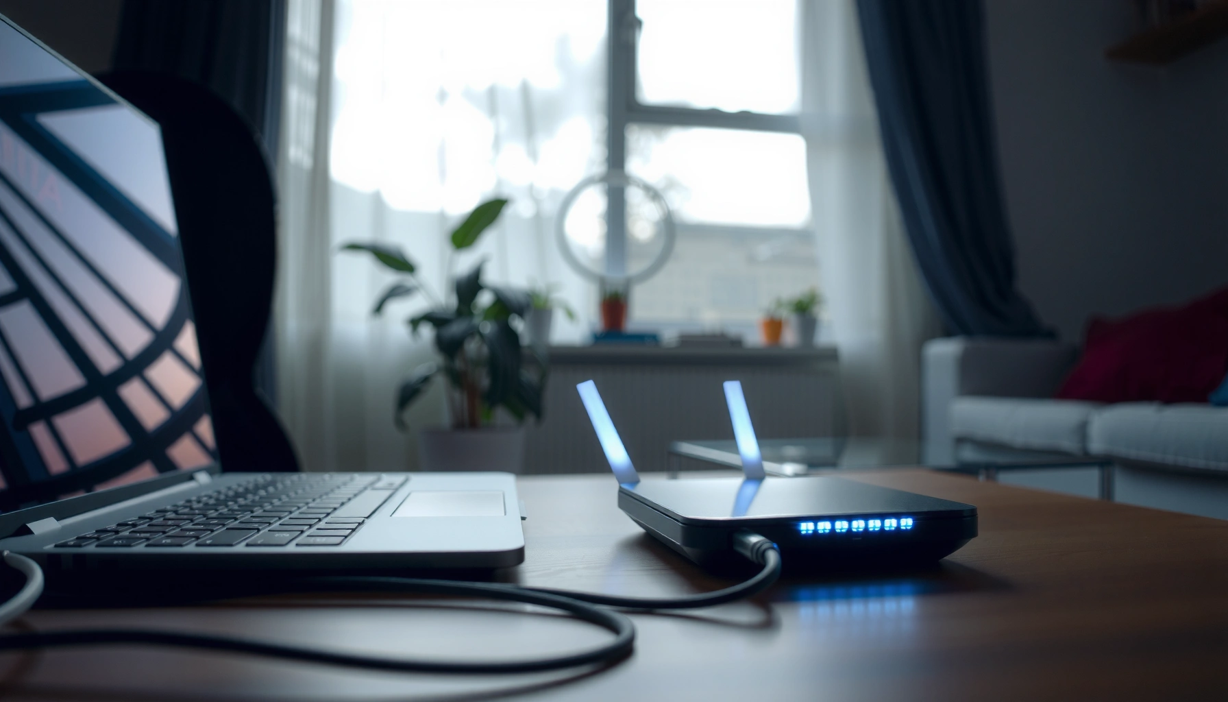 An illustration of a person setting up and troubleshooting a router for home internet connectivity.