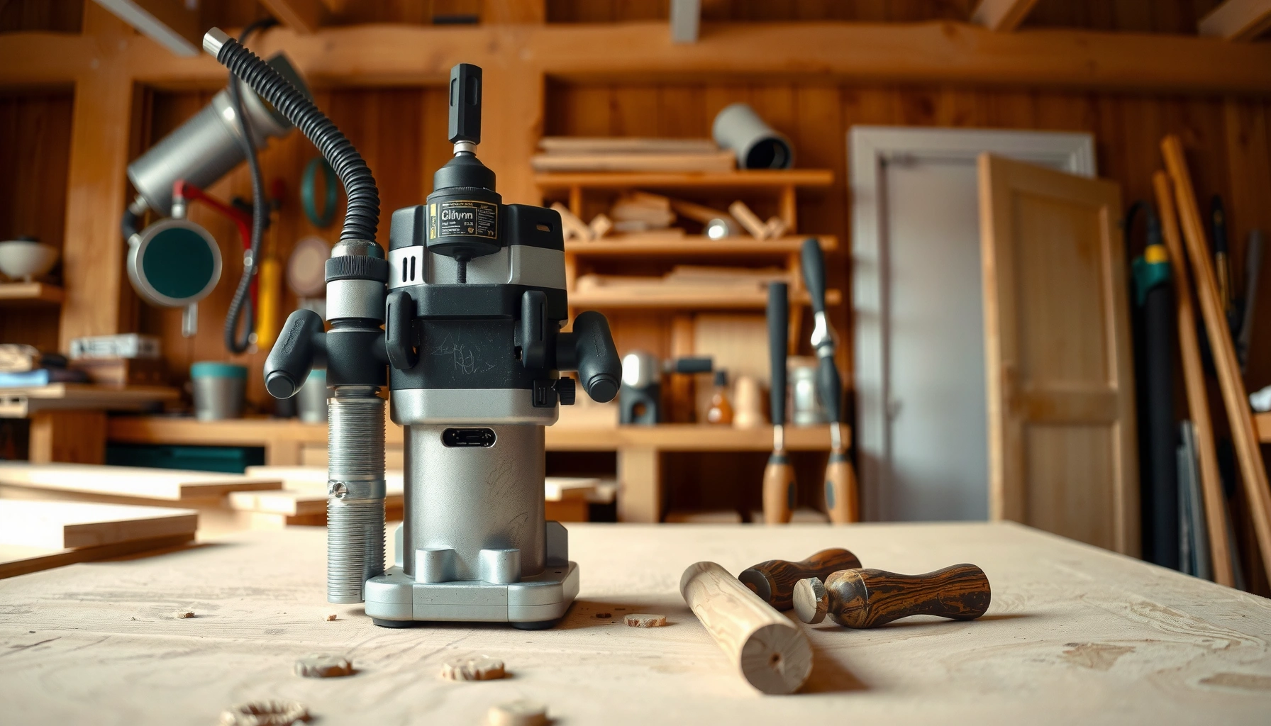 A woodworking router in action, demonstrating its main uses and functions in shaping wood.