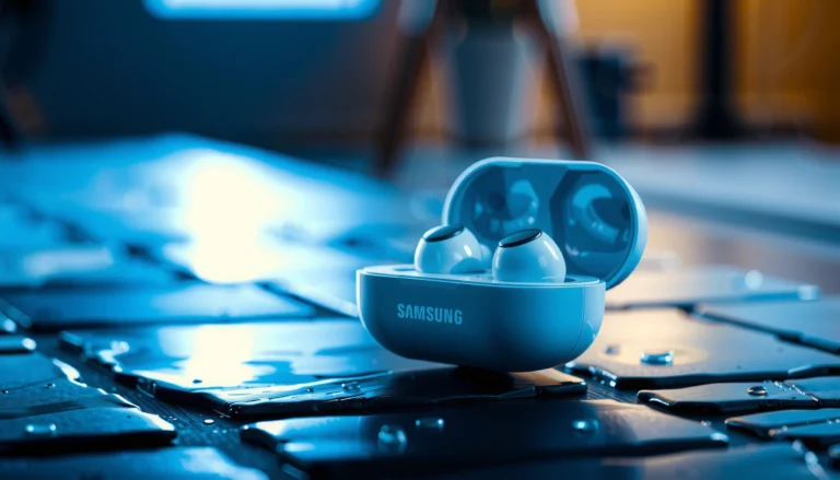 Samsung earbuds showcasing water resistance features and waterproof capabilities.