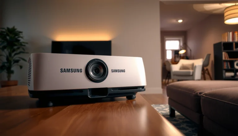 Samsung Freestyle projector showing HDMI ports and compatibility details for various devices.