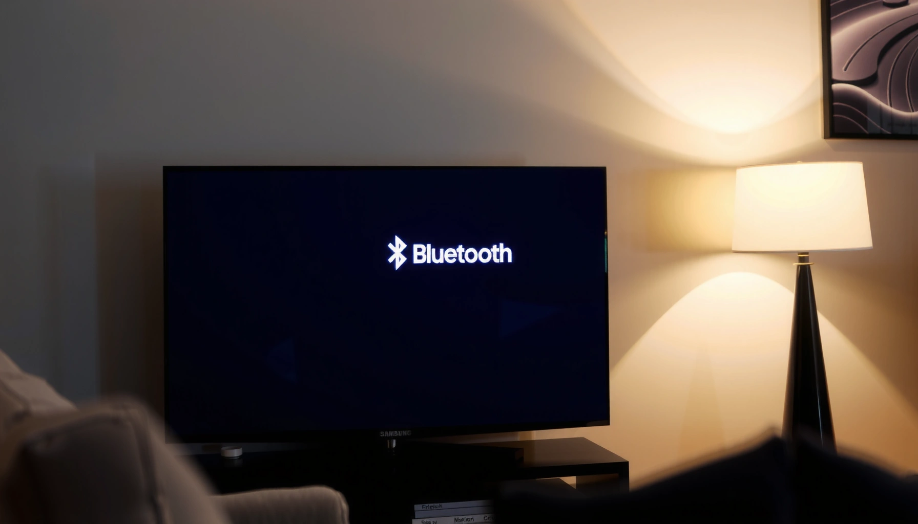 A Samsung Smart TV with Bluetooth capabilities, highlighting model features and connectivity options.